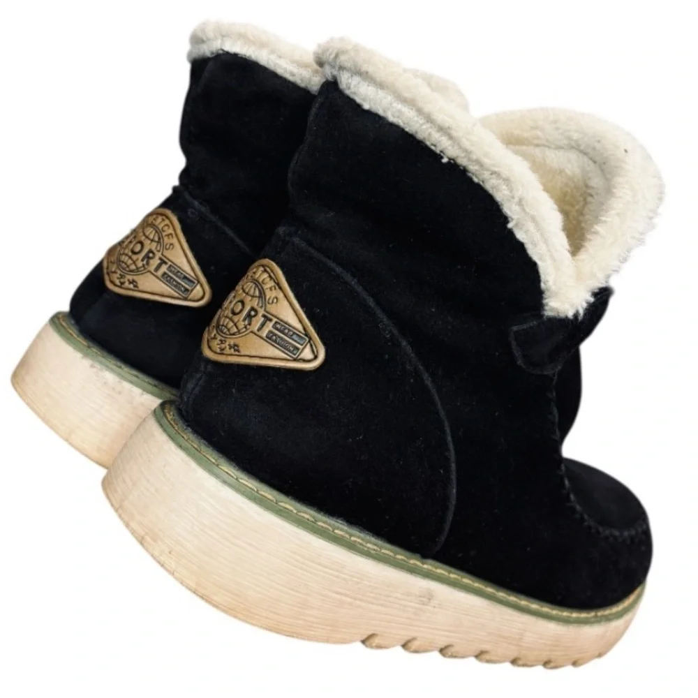 AVSTCFS Sport Women’s Black Suede Ankle Pull On Boots with Cream Fur Lining